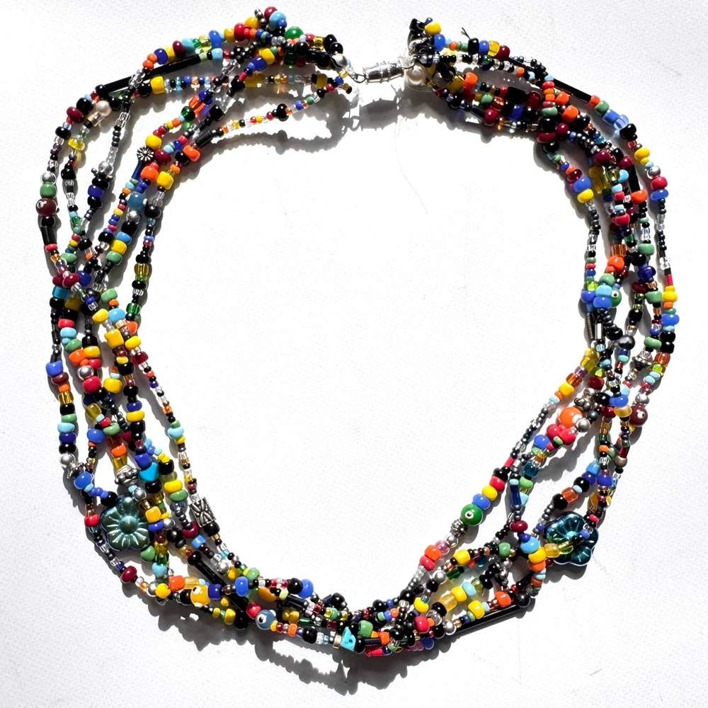 Multicolor Multi-Strand Hand Beaded Necklace Seed Beads